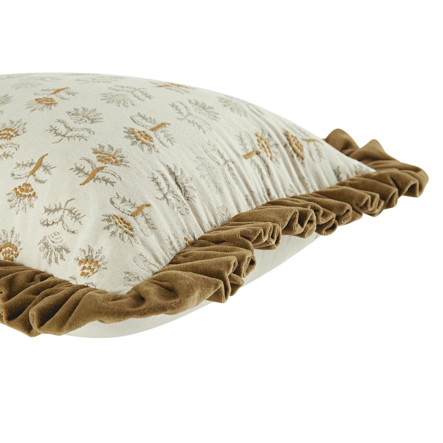 Block & Bloom Mogra Dark Ochre Cotton & Velvet Ruffle Rectangular Cushion - daals