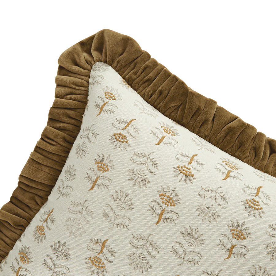 Block & Bloom Mogra Dark Ochre Cotton & Velvet Ruffle Rectangular Cushion - daals