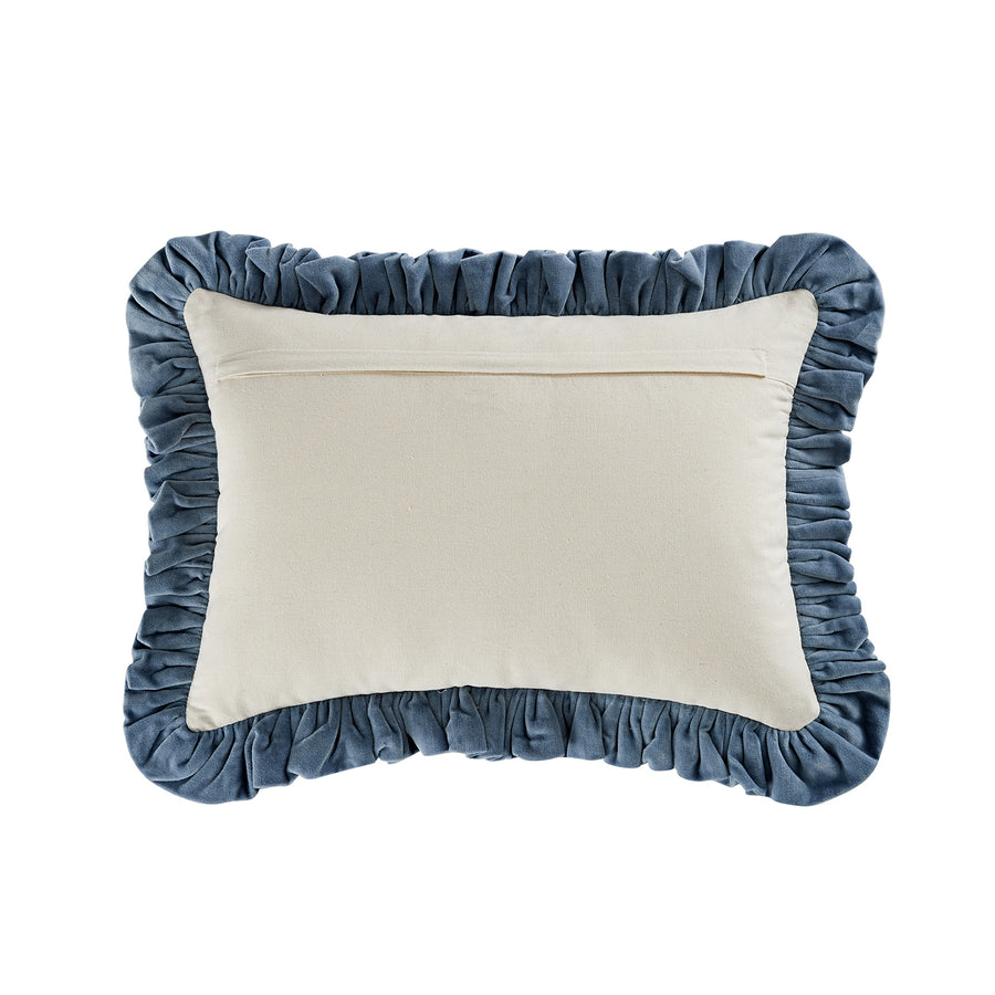Block & Bloom Neelkamal Blue Cotton & Velvet Ruffle Rectangular Cushion - daals