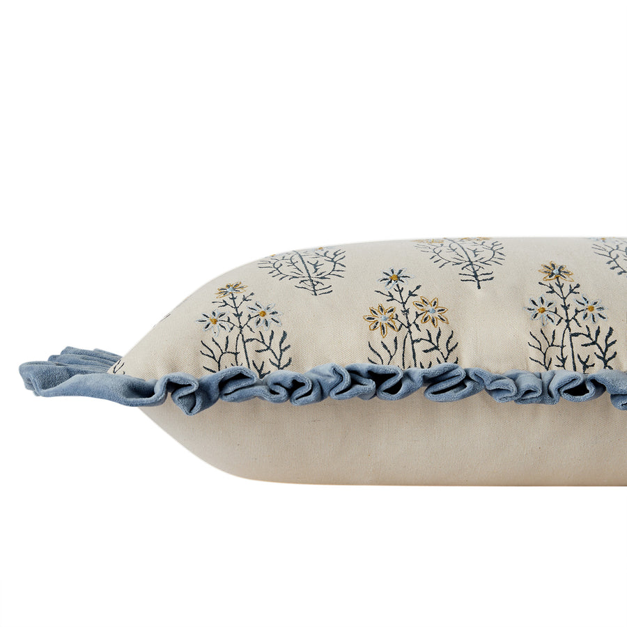 Block & Bloom Neelkamal Blue Cotton & Velvet Ruffle Rectangular Cushion - daals