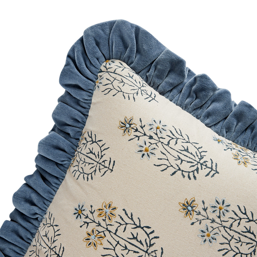 Block & Bloom Neelkamal Blue Cotton & Velvet Ruffle Rectangular Cushion - daals