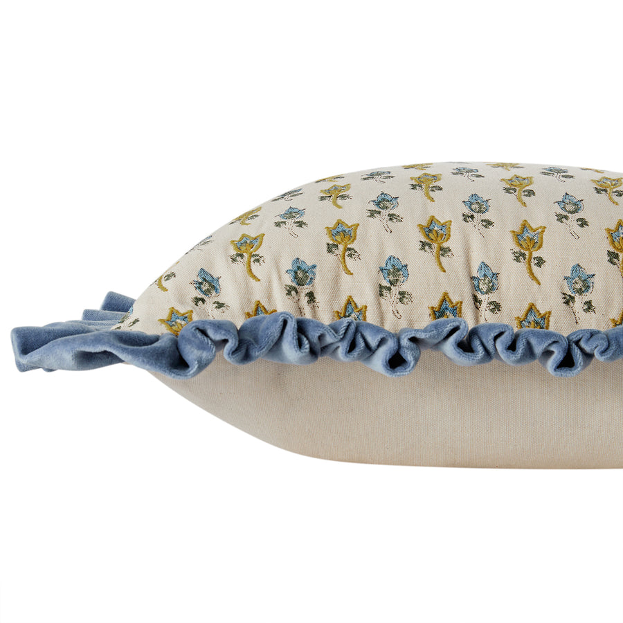 Block & Bloom Parijat Blue Cotton & Velvet Ruffle Cushion