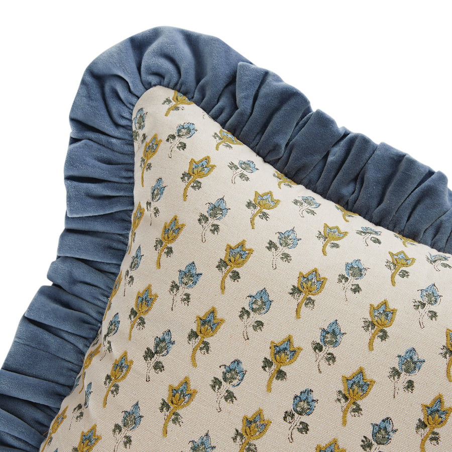 Block & Bloom Parijat Blue Cotton & Velvet Ruffle Cushion