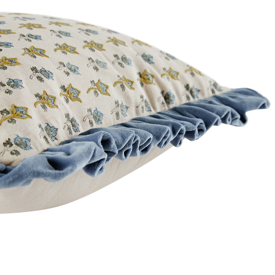 Block & Bloom Parijat Blue Cotton & Velvet Ruffle Cushion