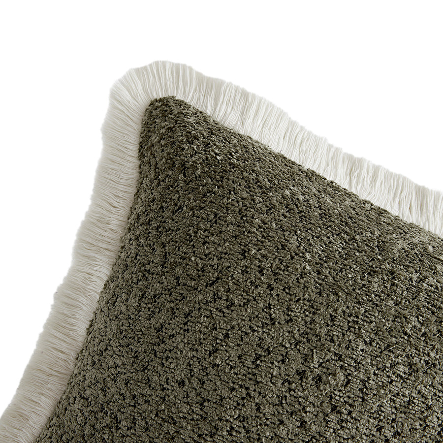 Kyra Forest Green Bouclé Fringed Rectangular Cushion