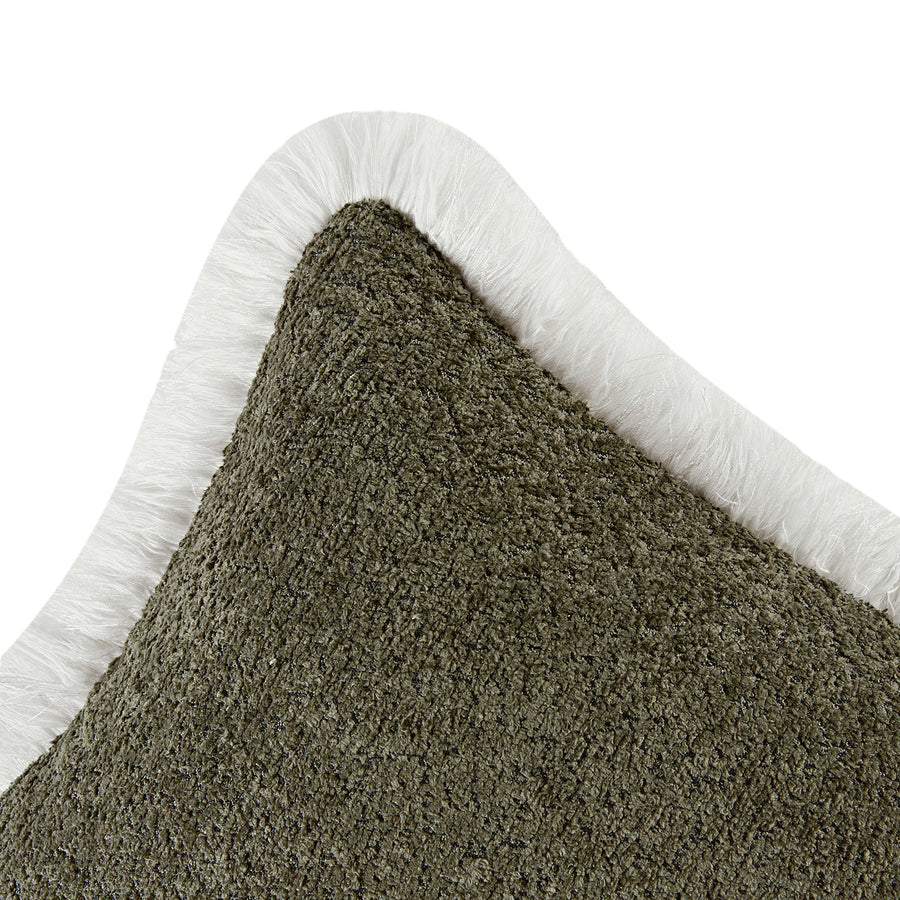 Kyra Forest Green Bouclé White Fringed Lumbar Cushion