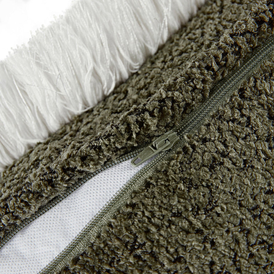Kyra Forest Green Bouclé White Fringed Lumbar Cushion