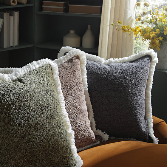 Kyra Graphite Grey Bouclé Fringed Cushion