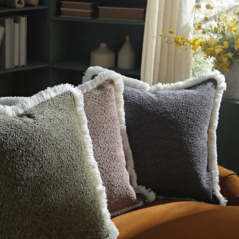 Kyra Graphite Grey Bouclé Fringed Cushion - daals