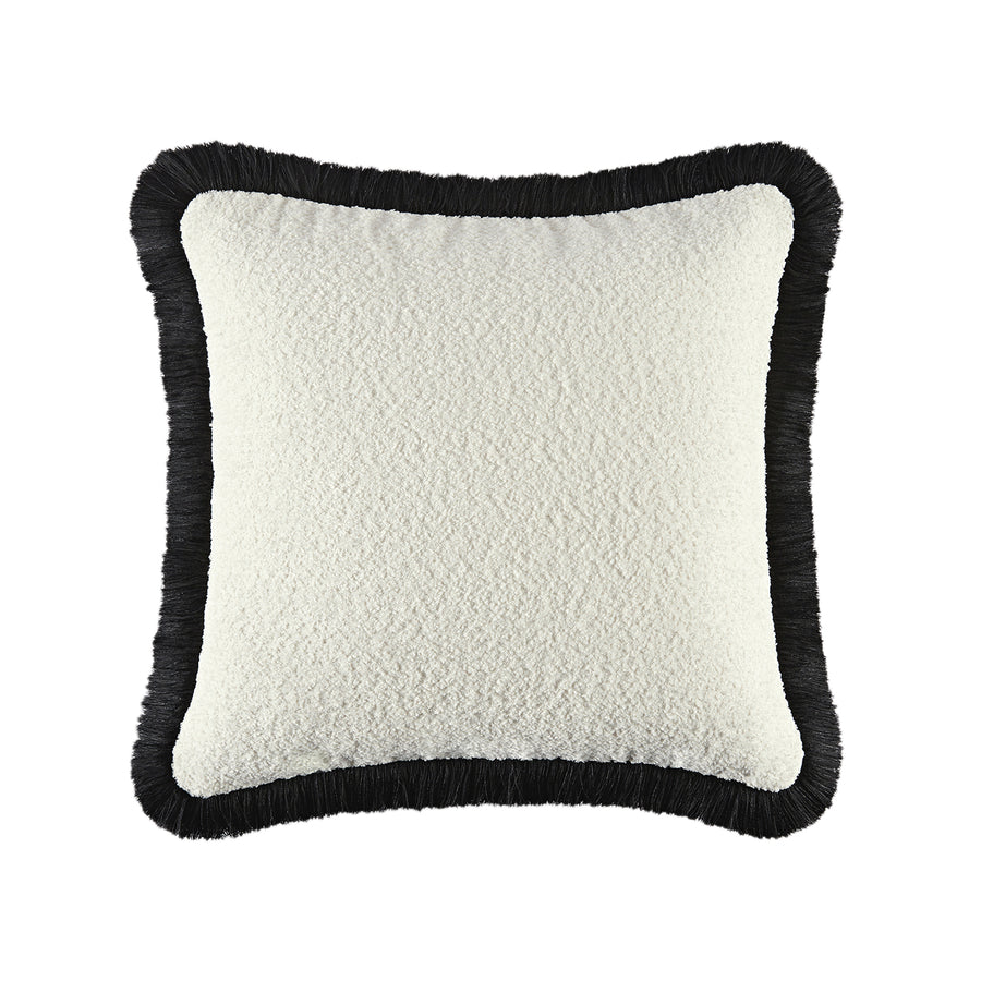 Kyra Cream White Bouclé Black Fringed Cushion