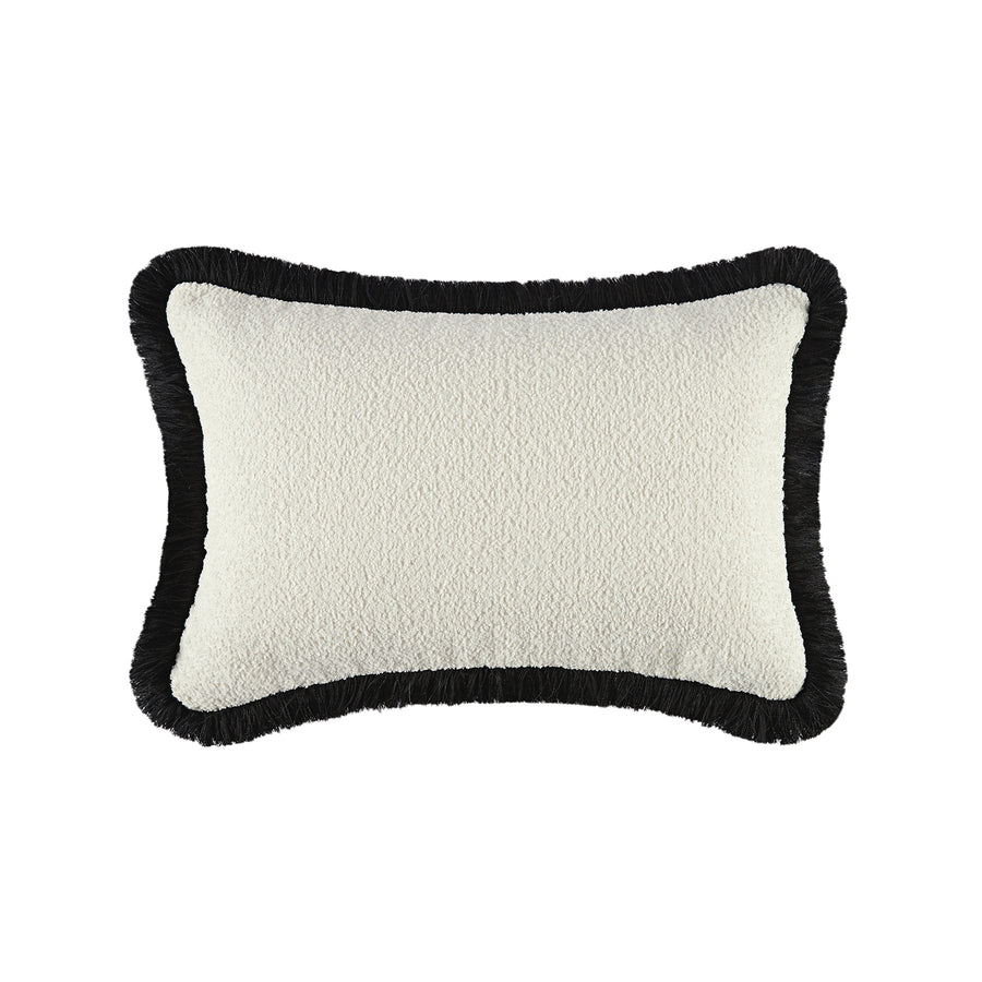 Kyra Cream White Bouclé Black Fringed Rectangular Cushion