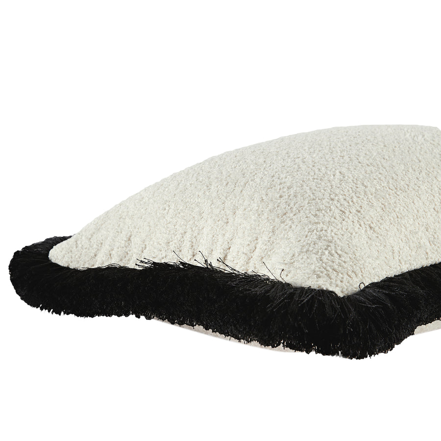Kyra Cream White Bouclé Black Fringed Rectangular Cushion
