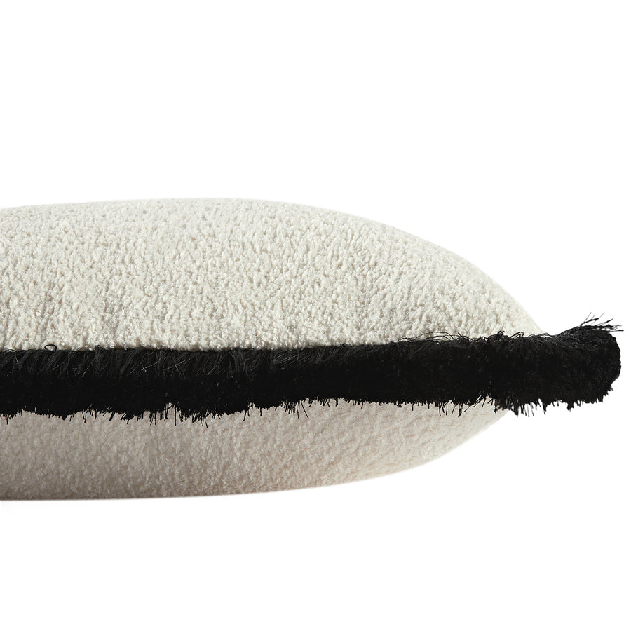 Kyra Cream White Bouclé Black Fringed Rectangular Cushion