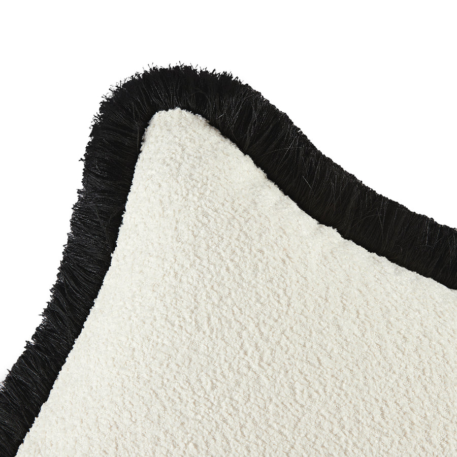 Kyra Cream White Bouclé Black Fringed Rectangular Cushion