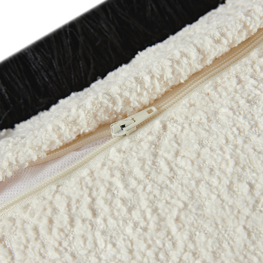 Kyra Cream White Bouclé Black Fringed Rectangular Cushion