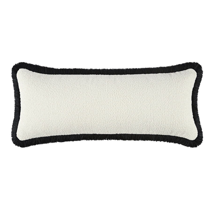 Kyra Cream White Bouclé Black Fringed Lumbar Cushion