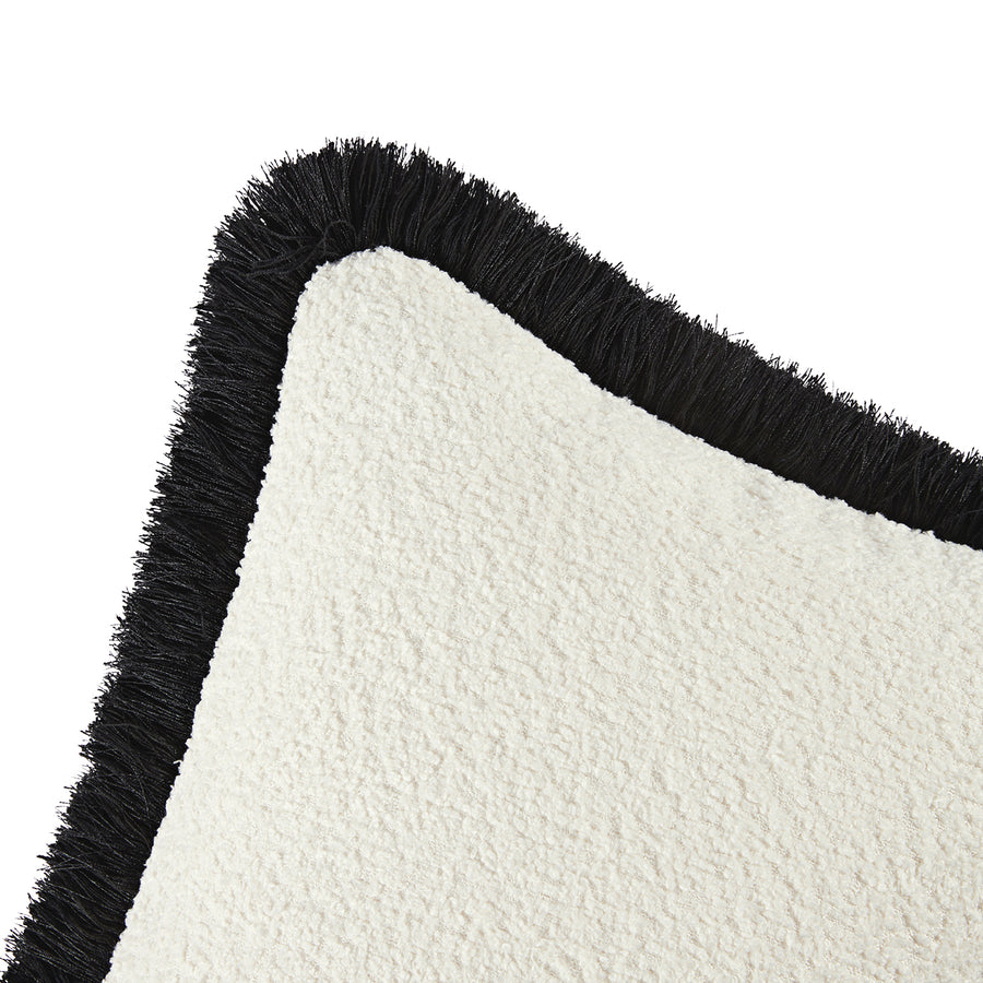 Kyra Cream White Bouclé Black Fringed Lumbar Cushion