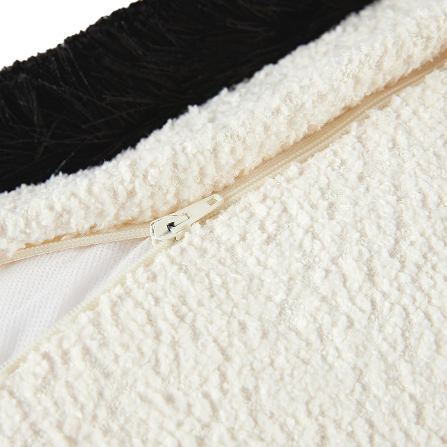 Kyra Cream White Bouclé Black Fringed Lumbar Cushion