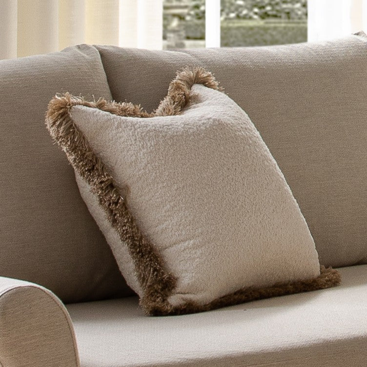 Kyra Cream White Bouclé Natural Fringed Cushion - daals