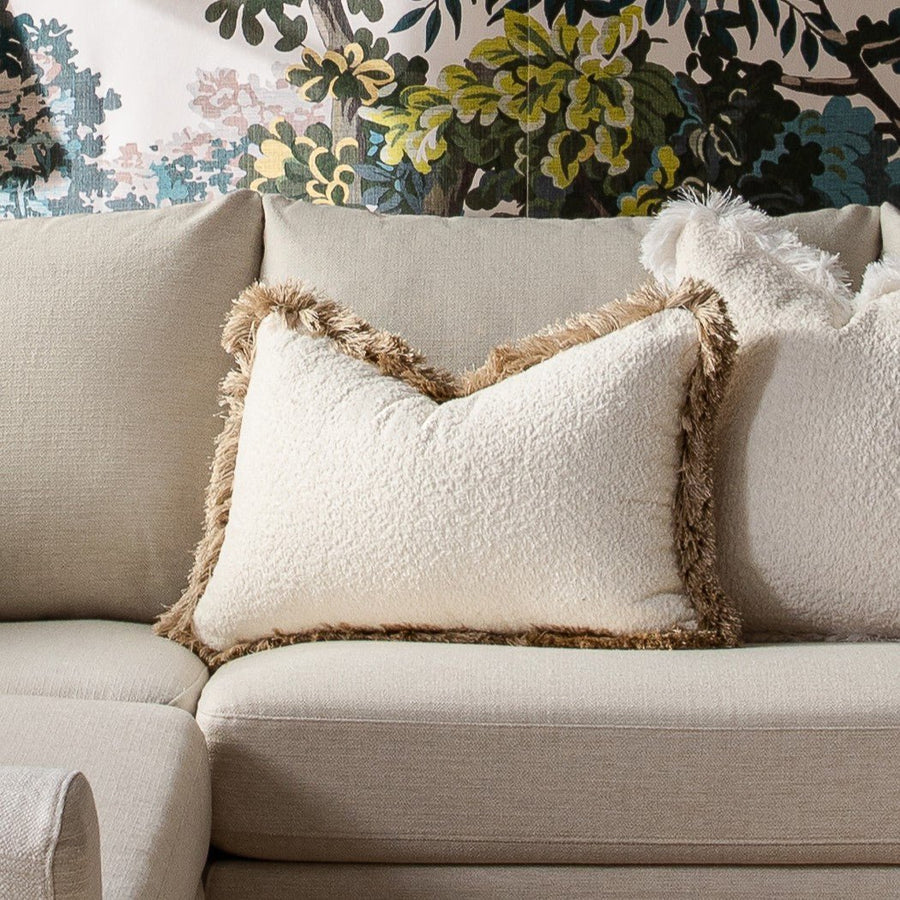 Kyra Cream White Bouclé Natural Fringed Rectangular Cushion - daals