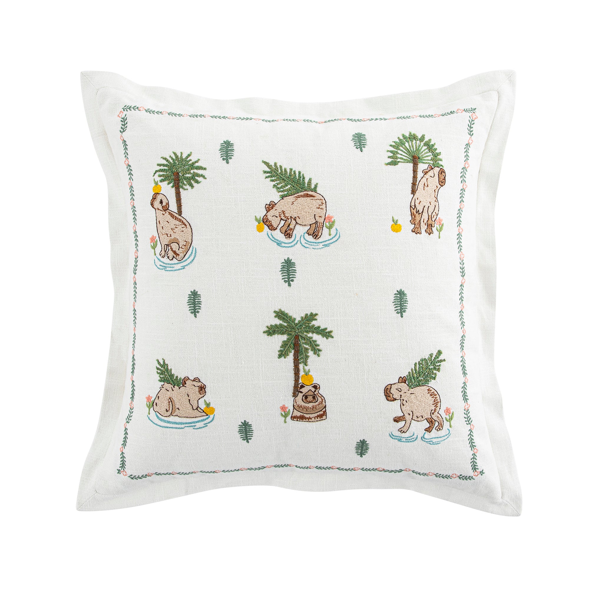 Whimsical Animals Capybaras and Yuzu Hand Embroidered Cushion
