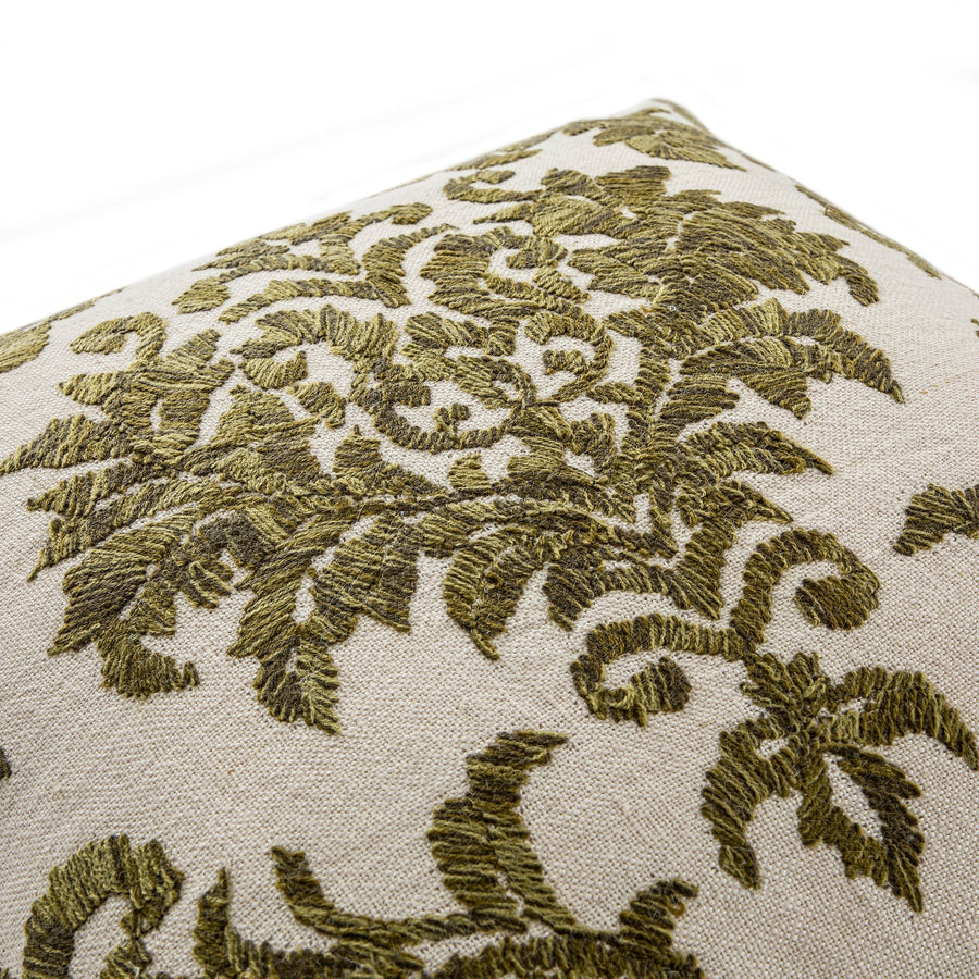 Damask Moss Green Wool Embroidered Cushion