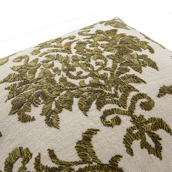 Damask Moss Green Wool Embroidered Cushion