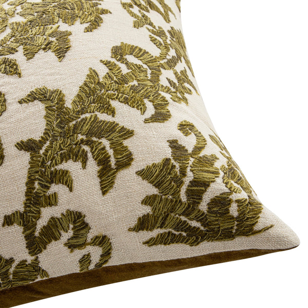 Damask Moss Green Wool Embroidered Cushion