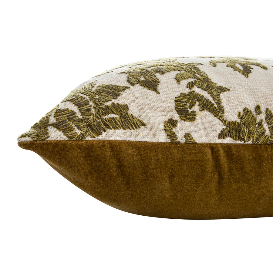 Damask Moss Green Wool Embroidered Cushion