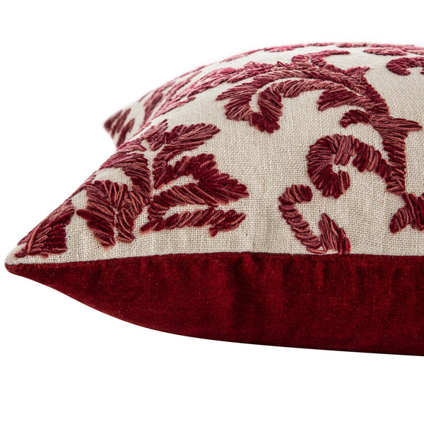 Damask Scarlet Red Wool Embroidered Cushion
