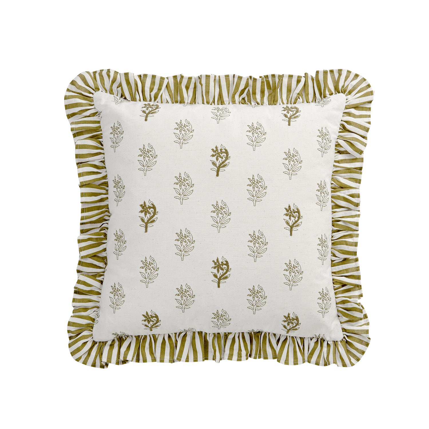 Darcy Floral Olive Green Embroidered Ruffle Linen Blend Cushion