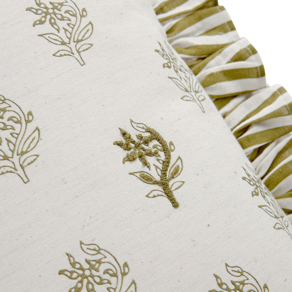 Darcy Floral Olive Green Embroidered Ruffle Linen Blend Cushion