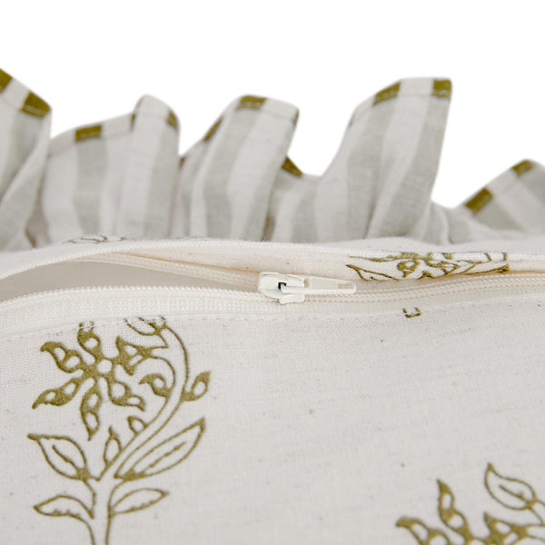 Darcy Floral Olive Green Embroidered Ruffle Linen Blend Cushion