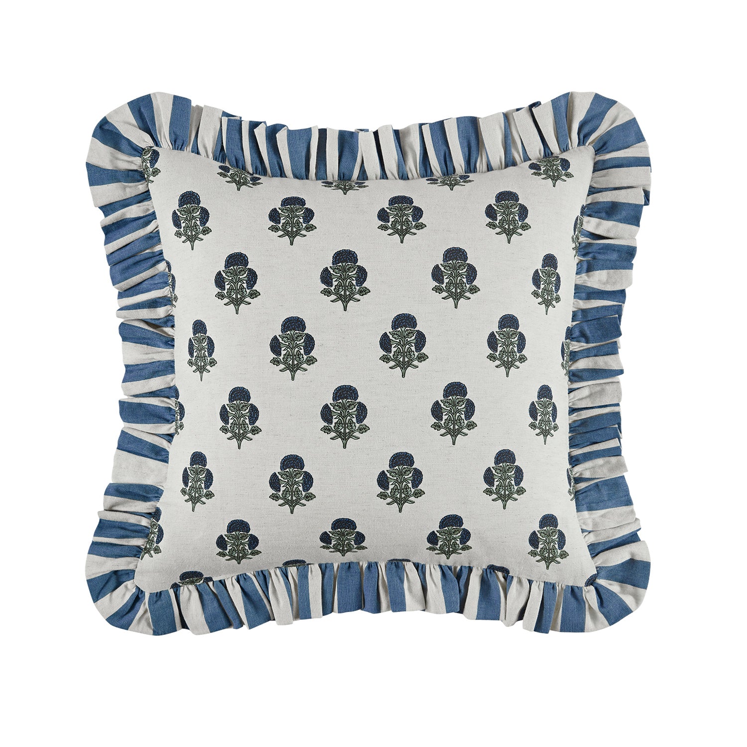 Eliza French Blue Floral Ruffle Linen Blend Cushion