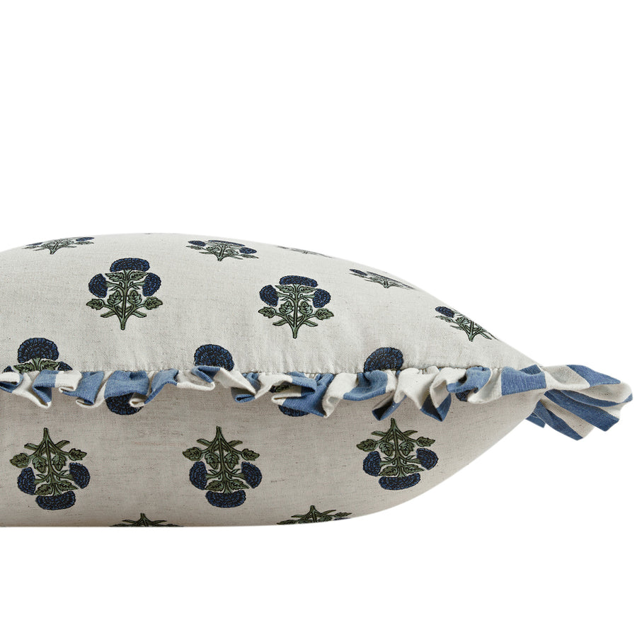 Eliza French Blue Floral Ruffle Linen Blend Cushion