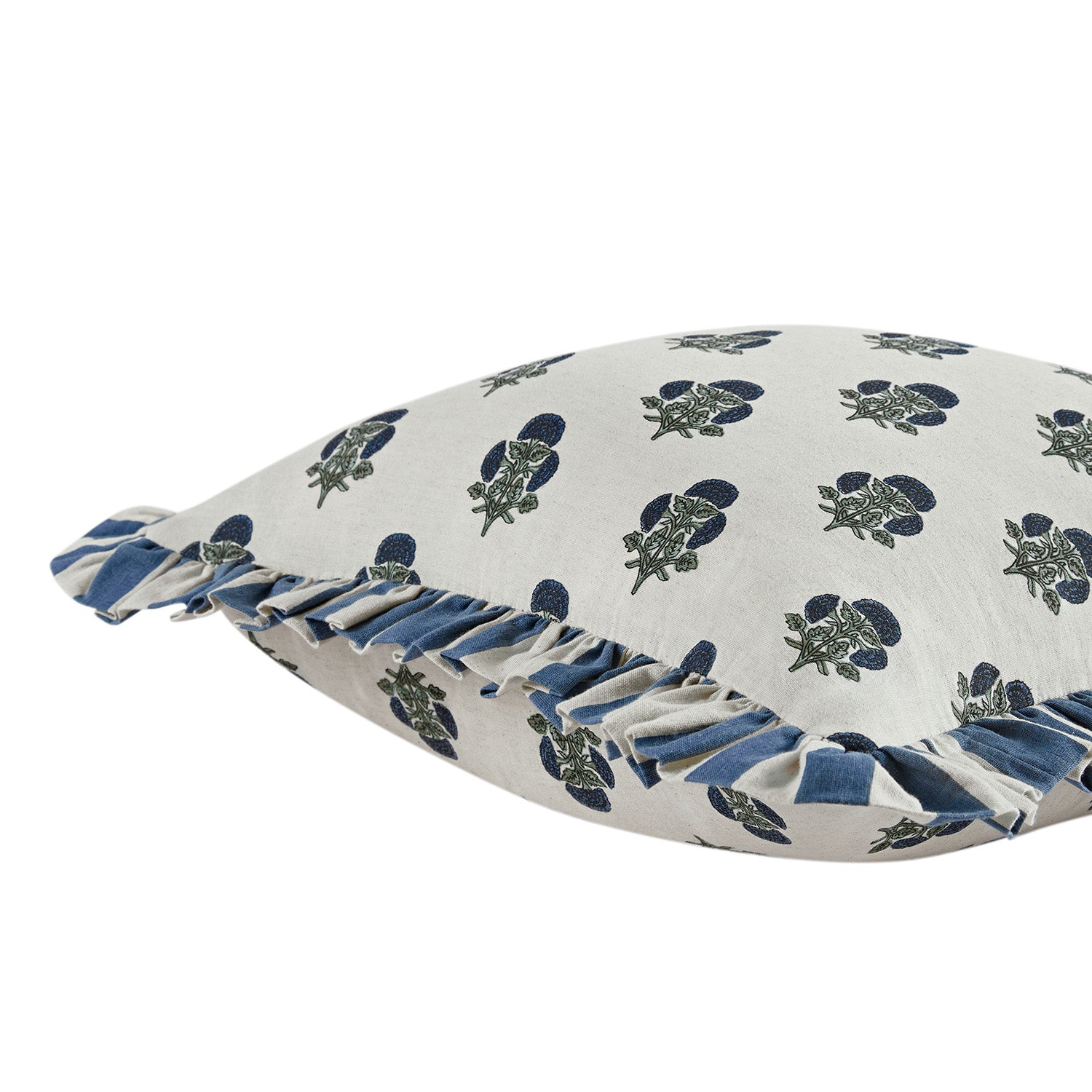 Eliza French Blue Floral Ruffle Linen Blend Cushion