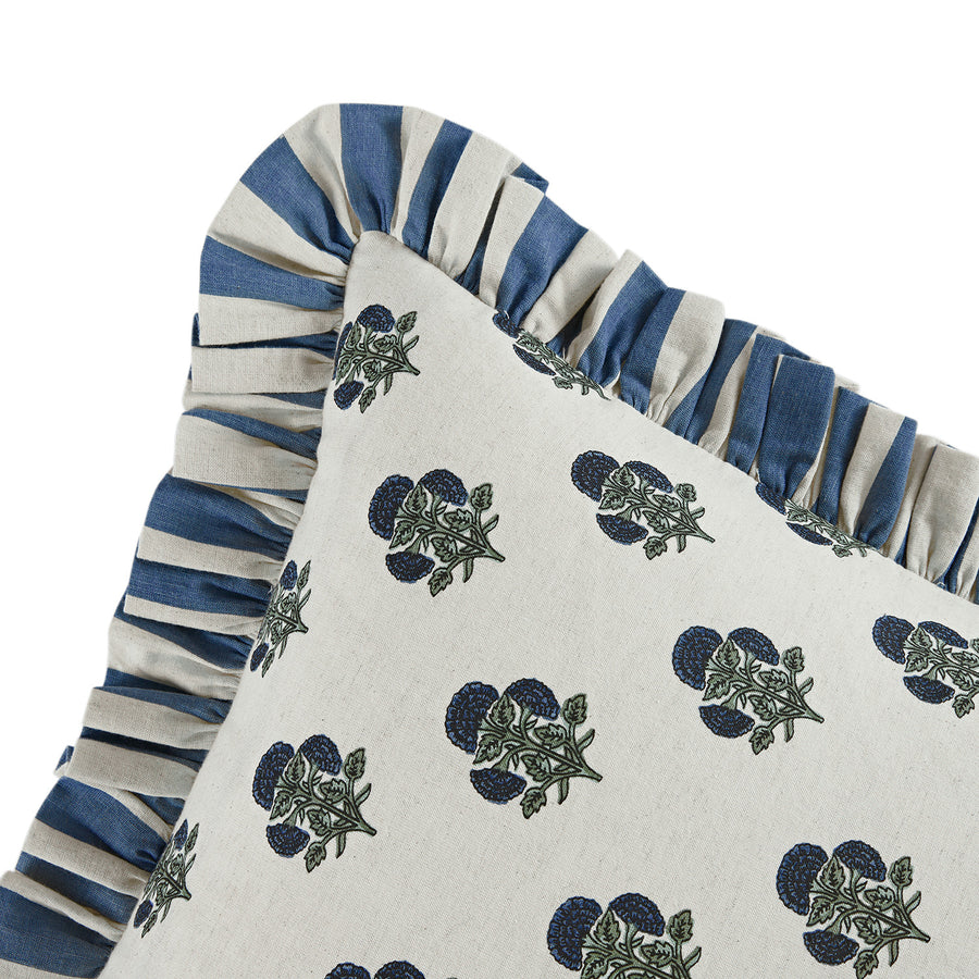 Eliza French Blue Floral Ruffle Linen Blend Cushion