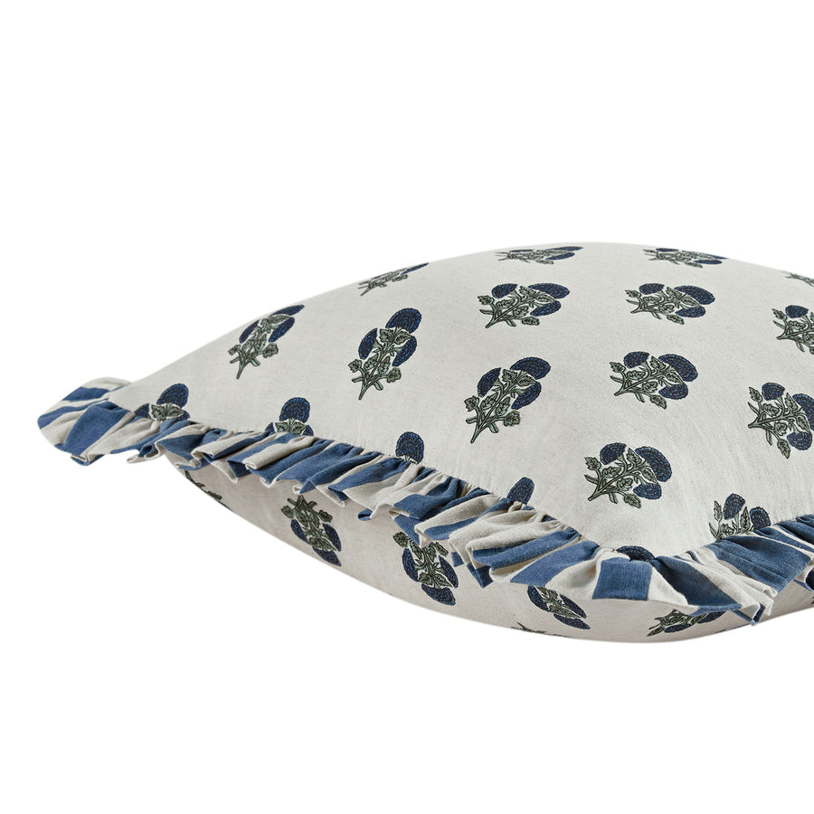 Eliza French Blue Floral Ruffle Linen Blend Cushion