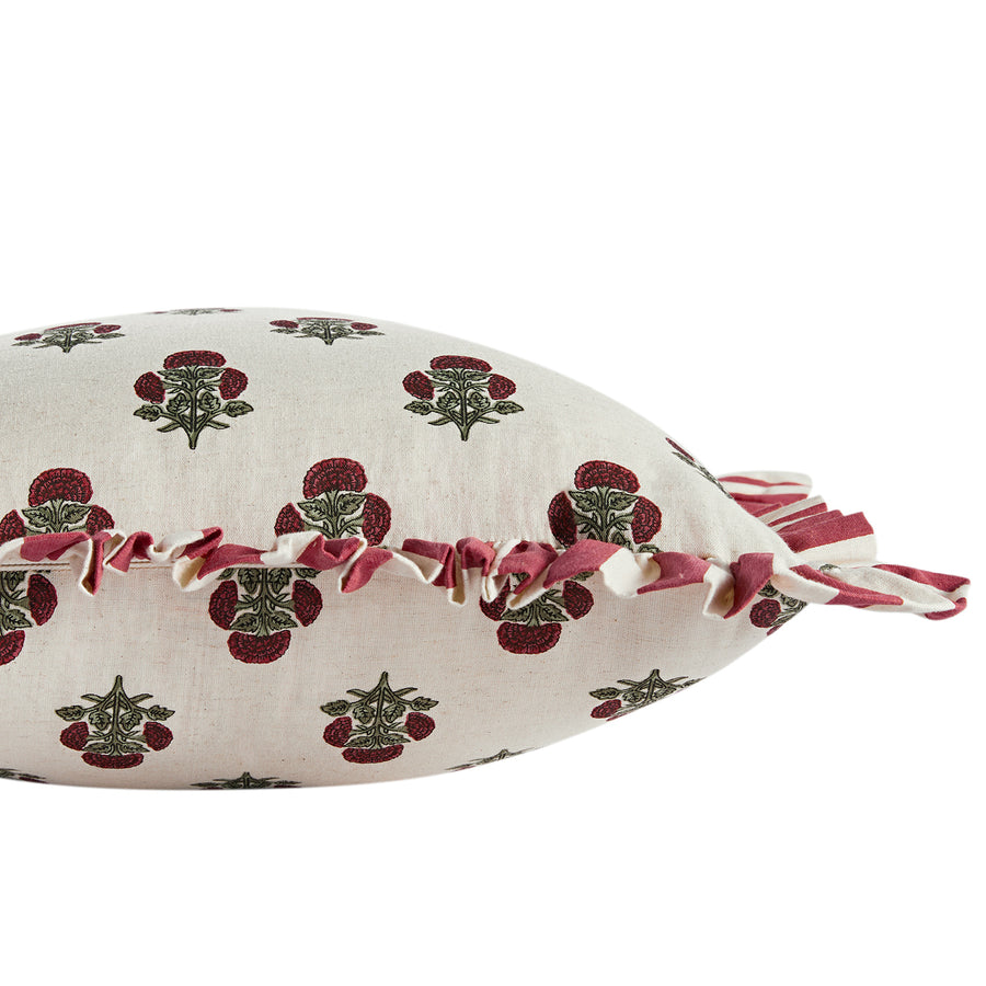Eliza Scarlet Red Floral Ruffle Linen Blend Cushion