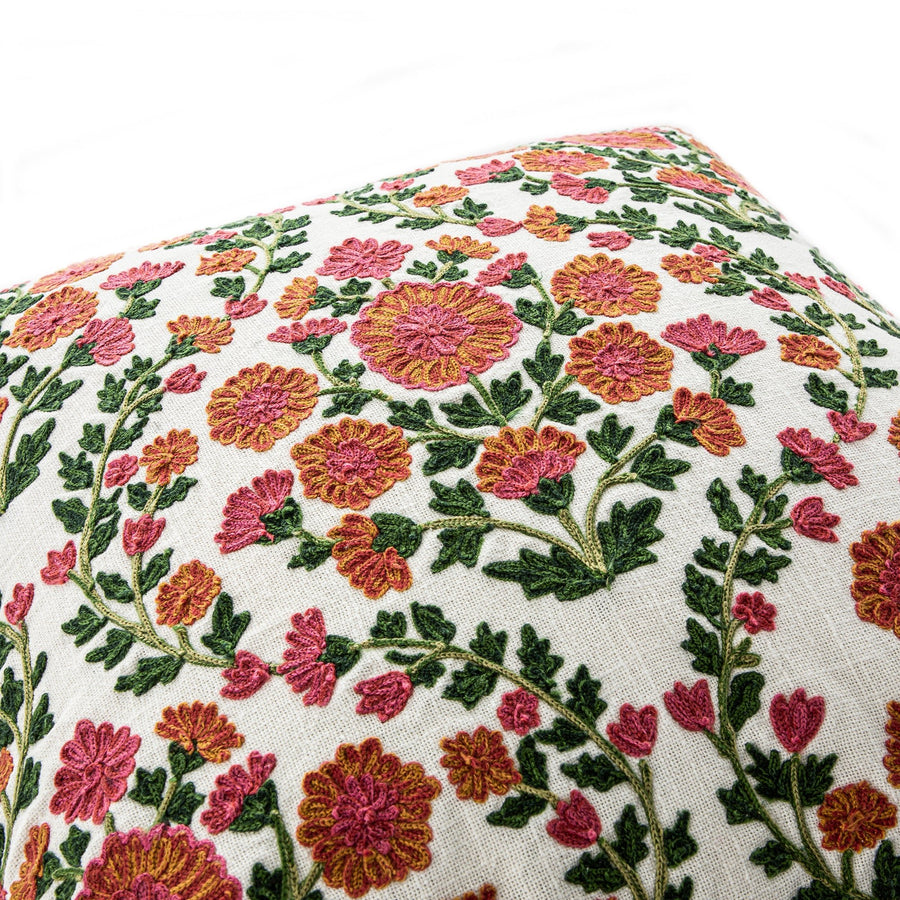 Indra Gardenia Pink Crewelwork Wool Embroidered Cushion - daals
