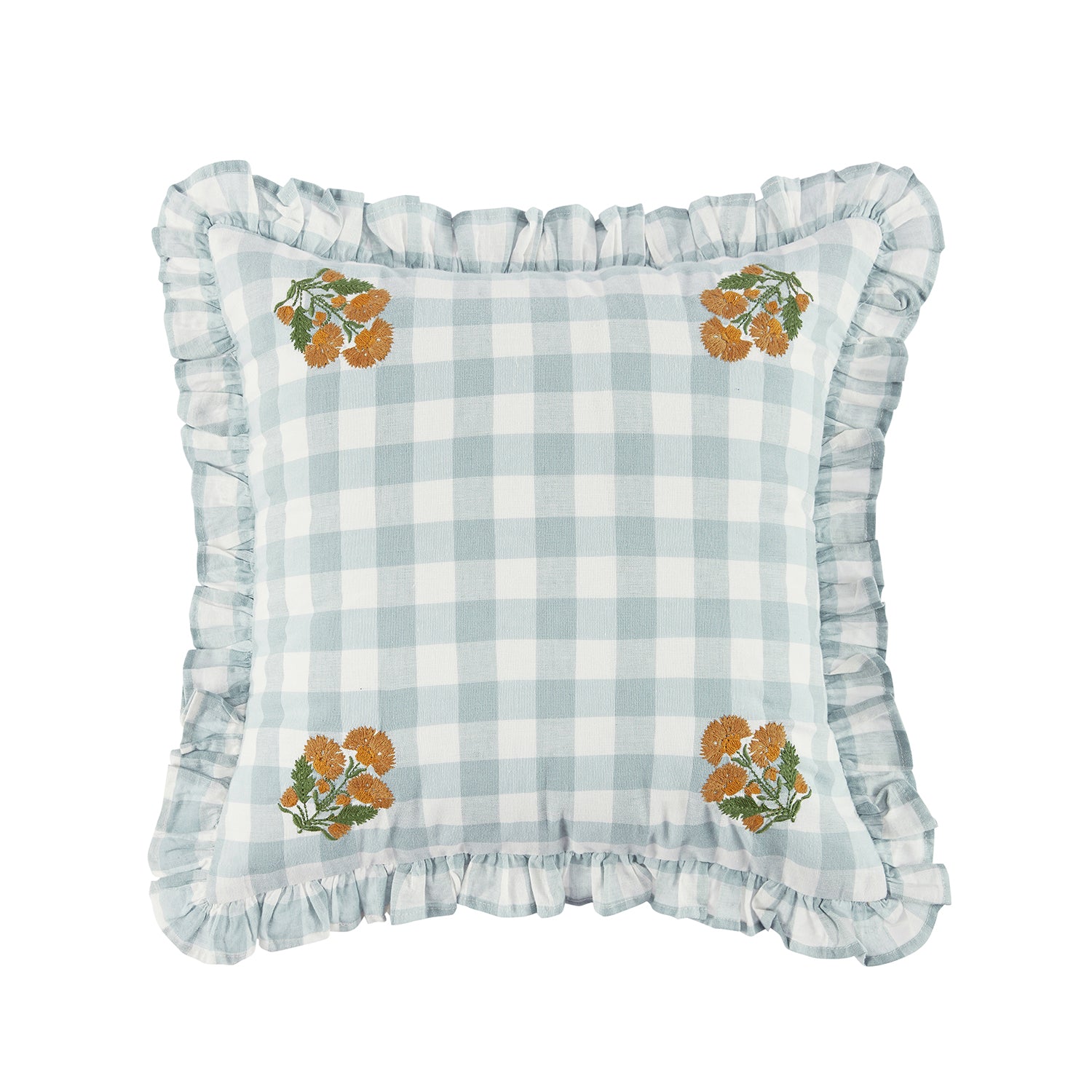 Matilda Blue Gingham Ruffle Floral Embroidered Linen Blend Cushion
