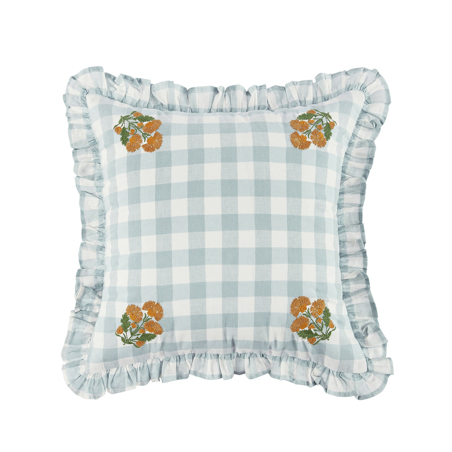 Matilda Blue Gingham Ruffle Floral Embroidered Linen Blend Cushion