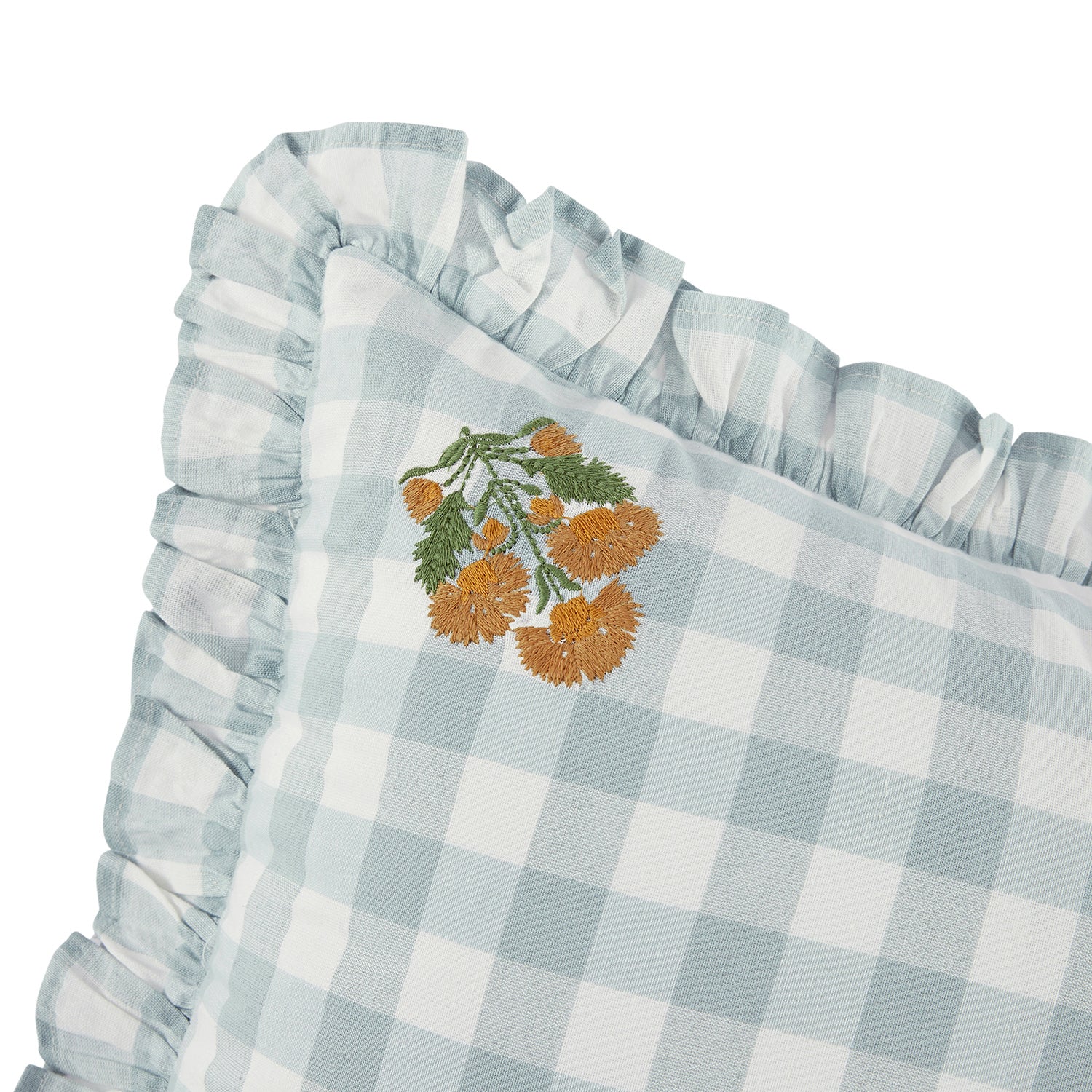 Matilda Blue Gingham Ruffle Floral Embroidered Linen Blend Cushion