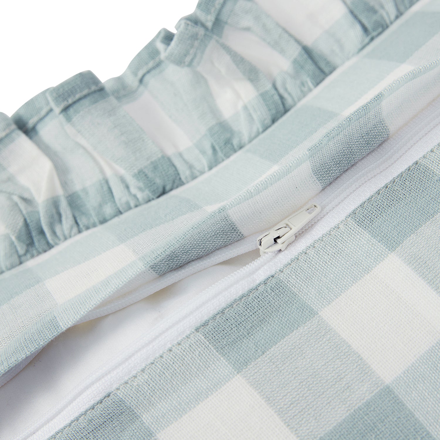 Matilda Blue Gingham Ruffle Floral Embroidered Linen Blend Cushion