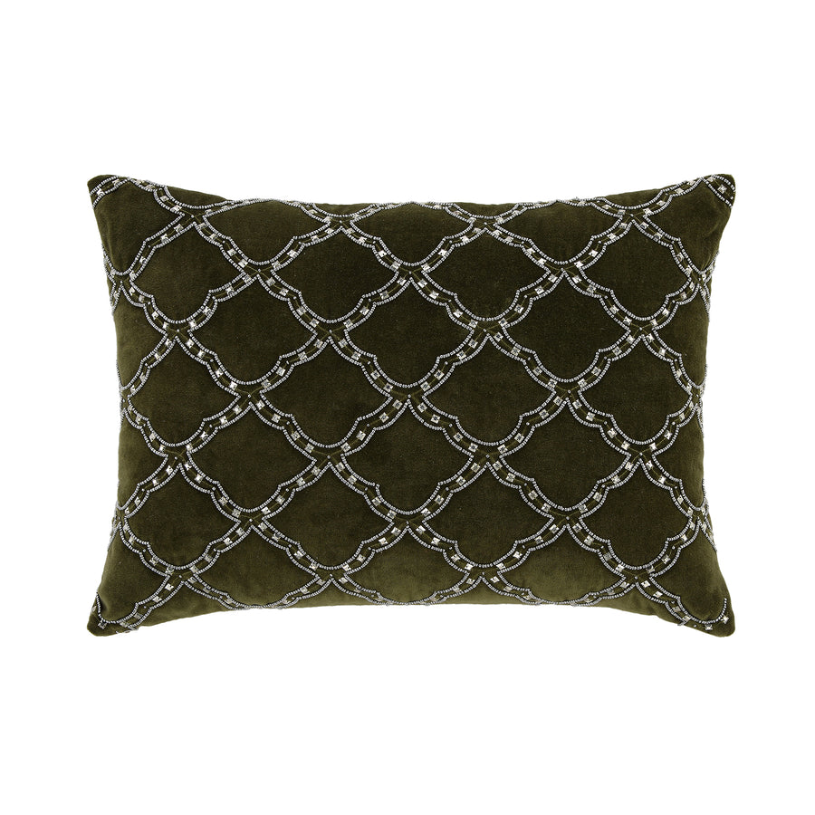 Luxe Collection Greta Beaded Moss Green Cotton Velvet Cushion