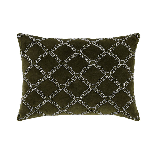 Luxe Collection Greta Beaded Moss Green Cotton Velvet Cushion