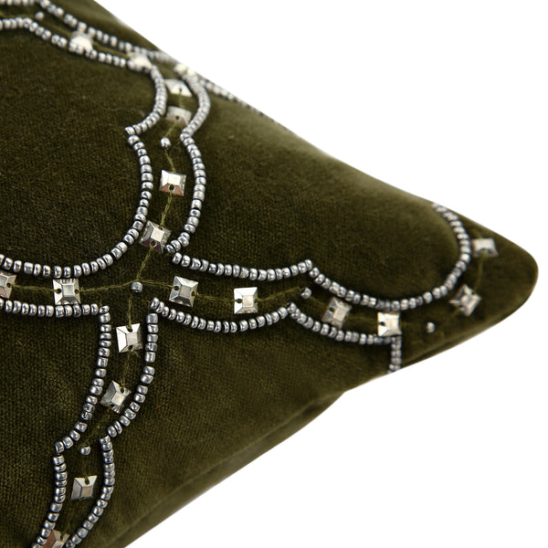 Luxe Collection Greta Beaded Moss Green Cotton Velvet Cushion