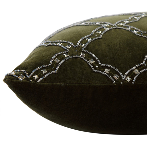 Luxe Collection Greta Beaded Moss Green Cotton Velvet Cushion