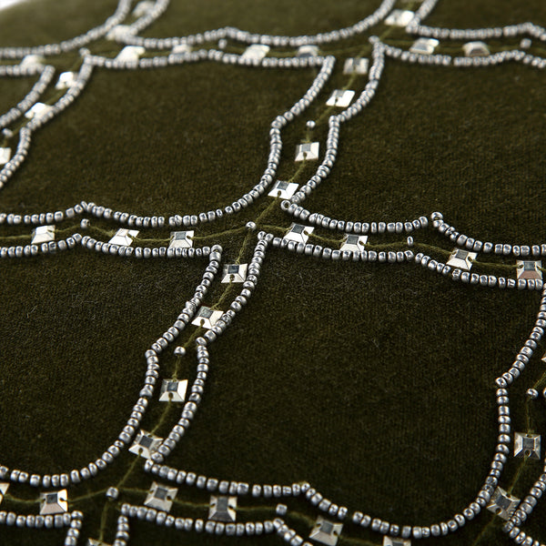 Luxe Collection Greta Beaded Moss Green Cotton Velvet Cushion