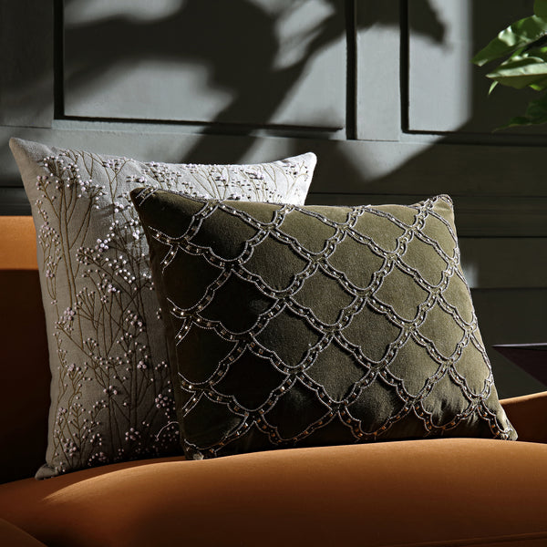Luxe Collection Greta Beaded Moss Green Cotton Velvet Cushion